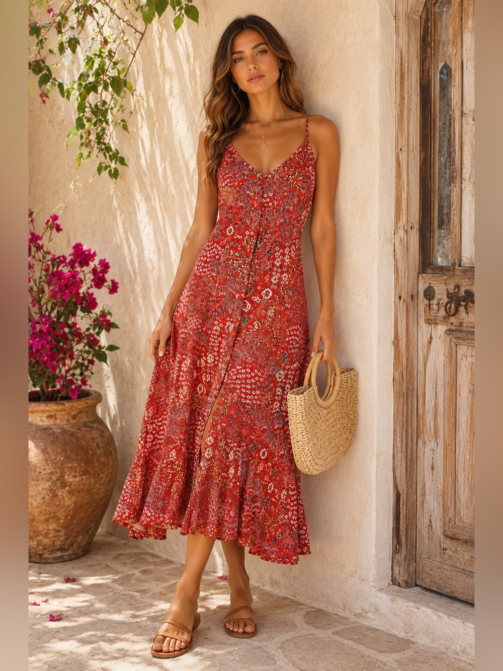 Abel The Label Lola Red Floral Button Front Midi Dress Rayon Boho Medium NWT